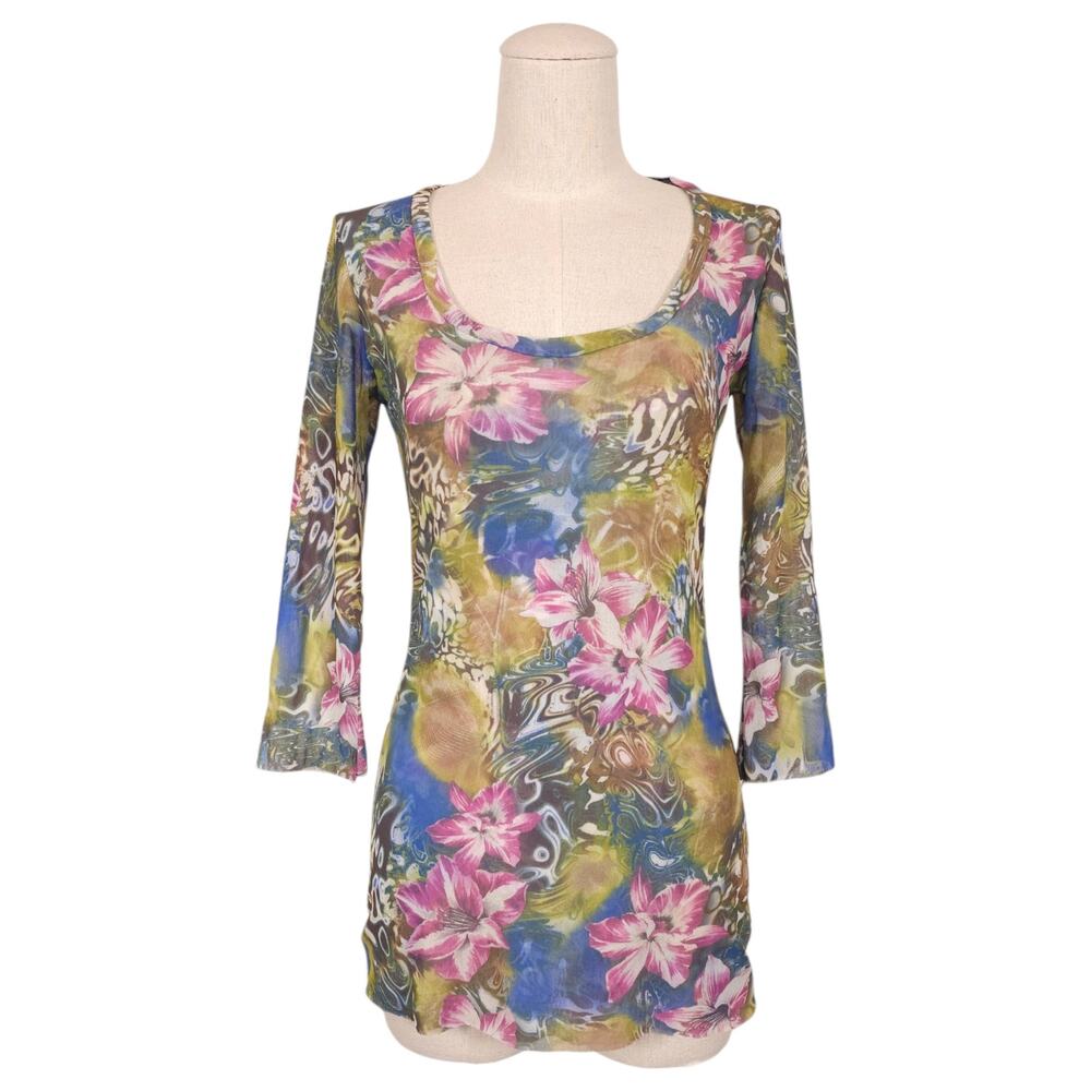 Vintage Johnny Heaven Y2K Floral Mesh Top Sz Extra Large